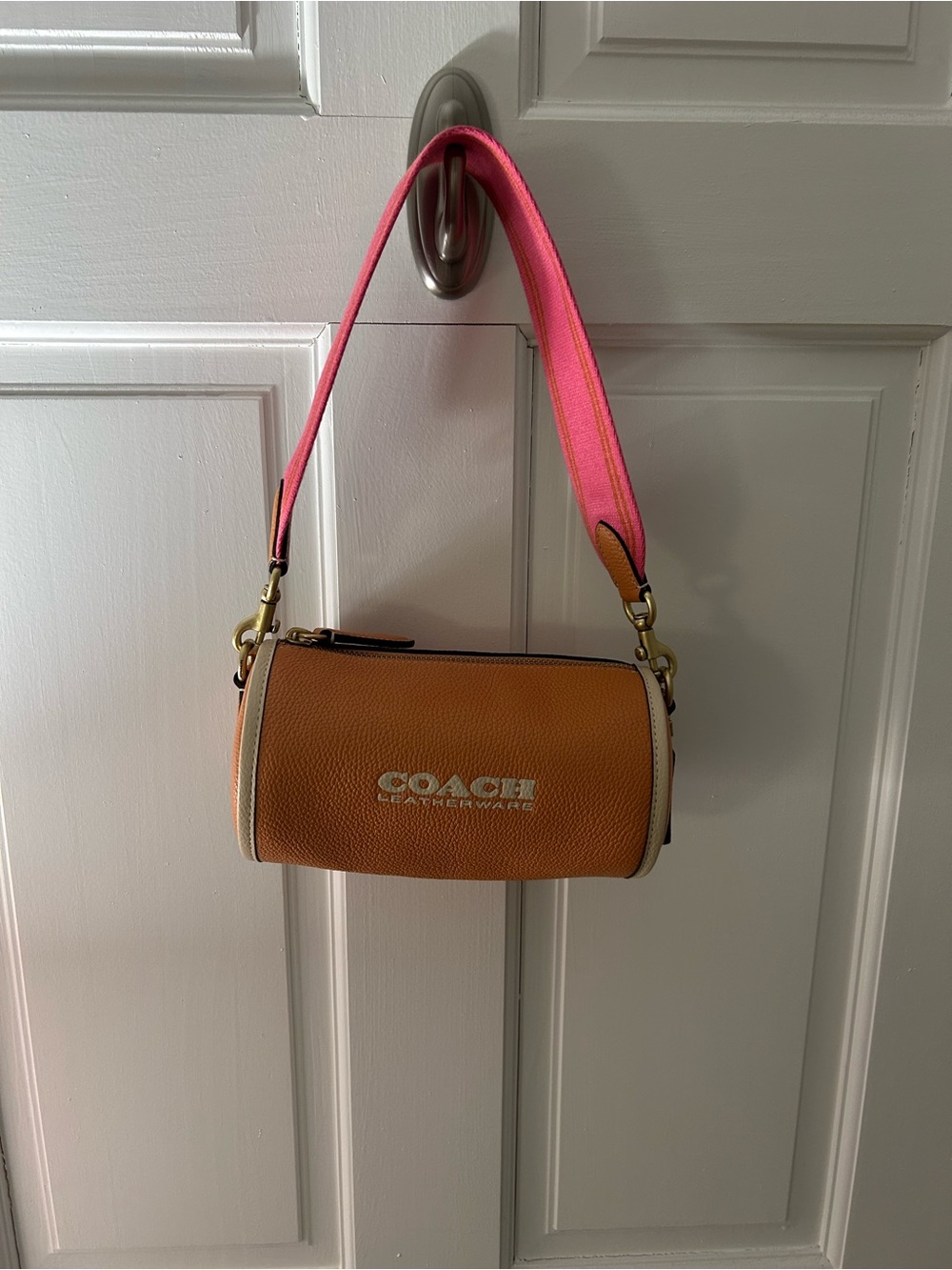 Coach Mini Barrel Bag in Tan with Pink Strap